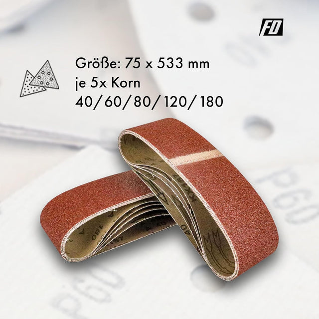 Gewebe - Schleifbänder│25 Stück │75 x 533 mm │je 5 x Korn 40/60/80/120/180 │für Bandschleifer│Schleifpapier│Schleifband - Set
