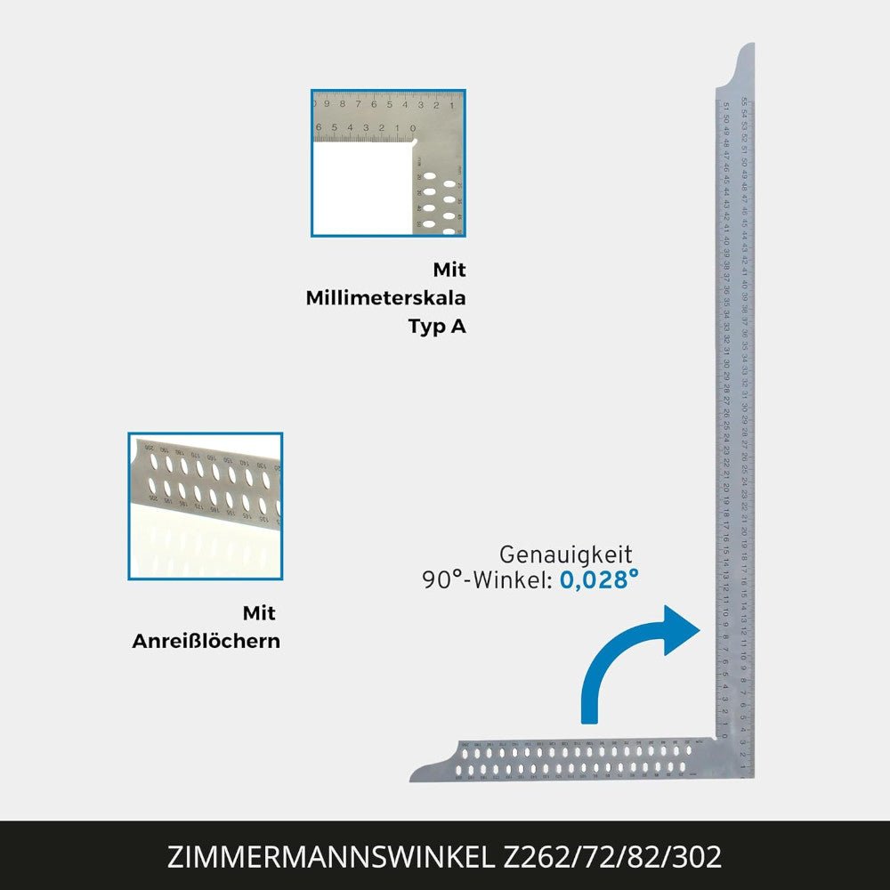 hedue® - Zimmermannswinkel ZN 800 mm mit mm - Skala Typ A und Anreißlöcher | Winkelmesser
