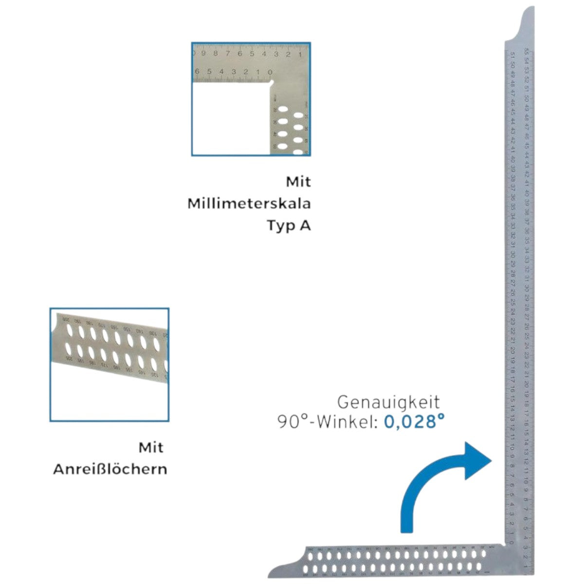 hedue® - Zimmermannswinkel ZN 800 mm mit mm-Skala Typ A und Anreißlöcher | Winkelmesser